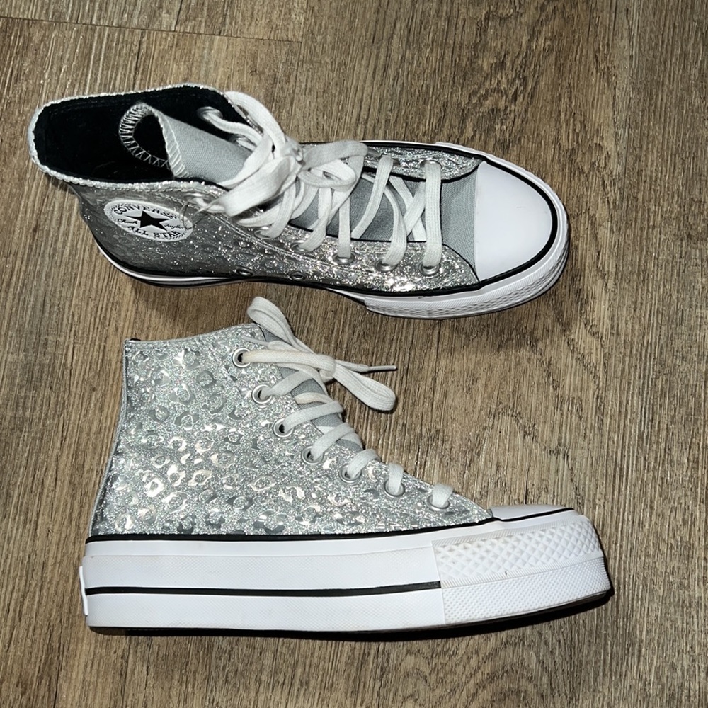 Converse Silver Glitter Leopard Platform High Top Sneakers
